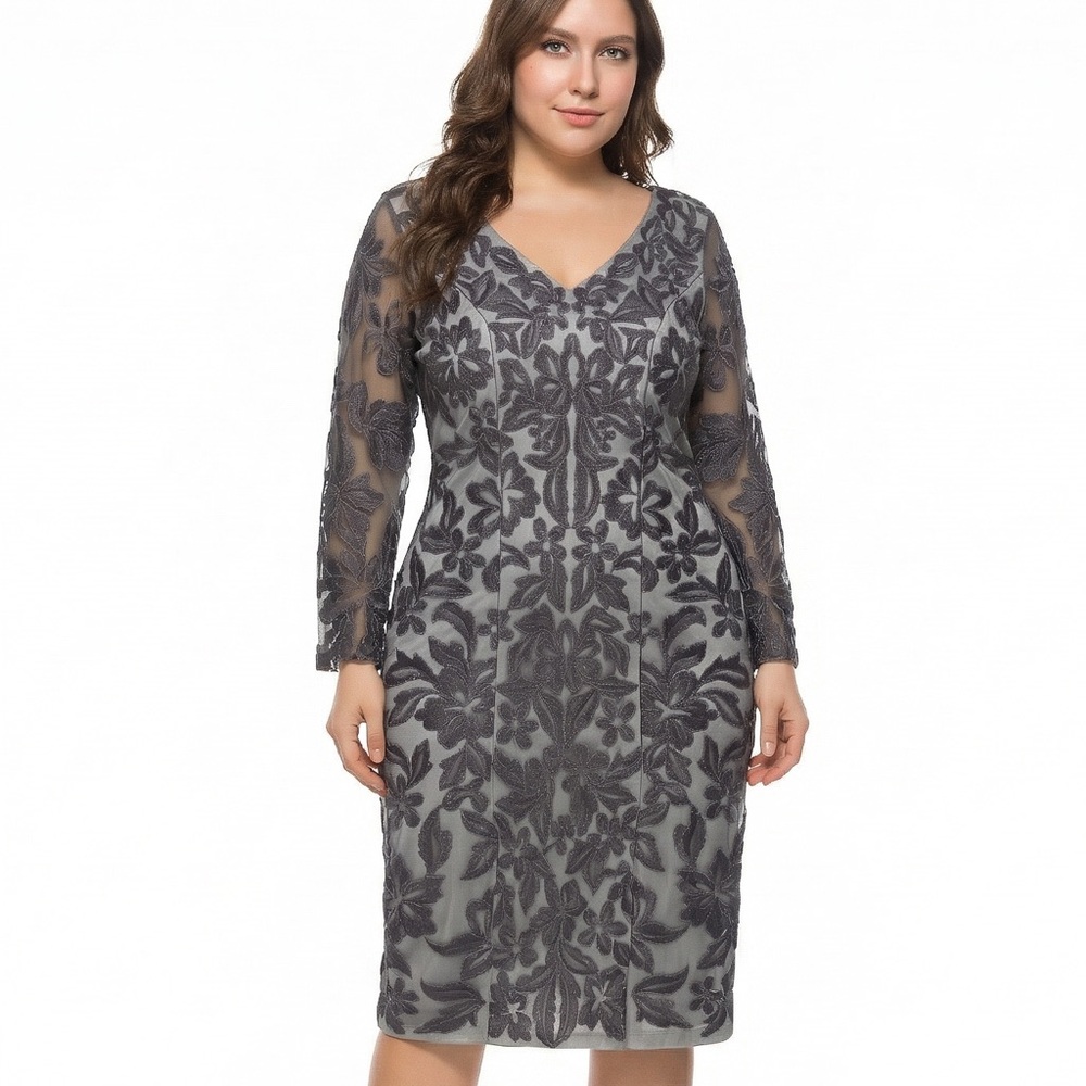 Sue Wong Dress Womens 6 Gray Lace‎ Floral Sheath V Neck Nocturne Party Cocktail